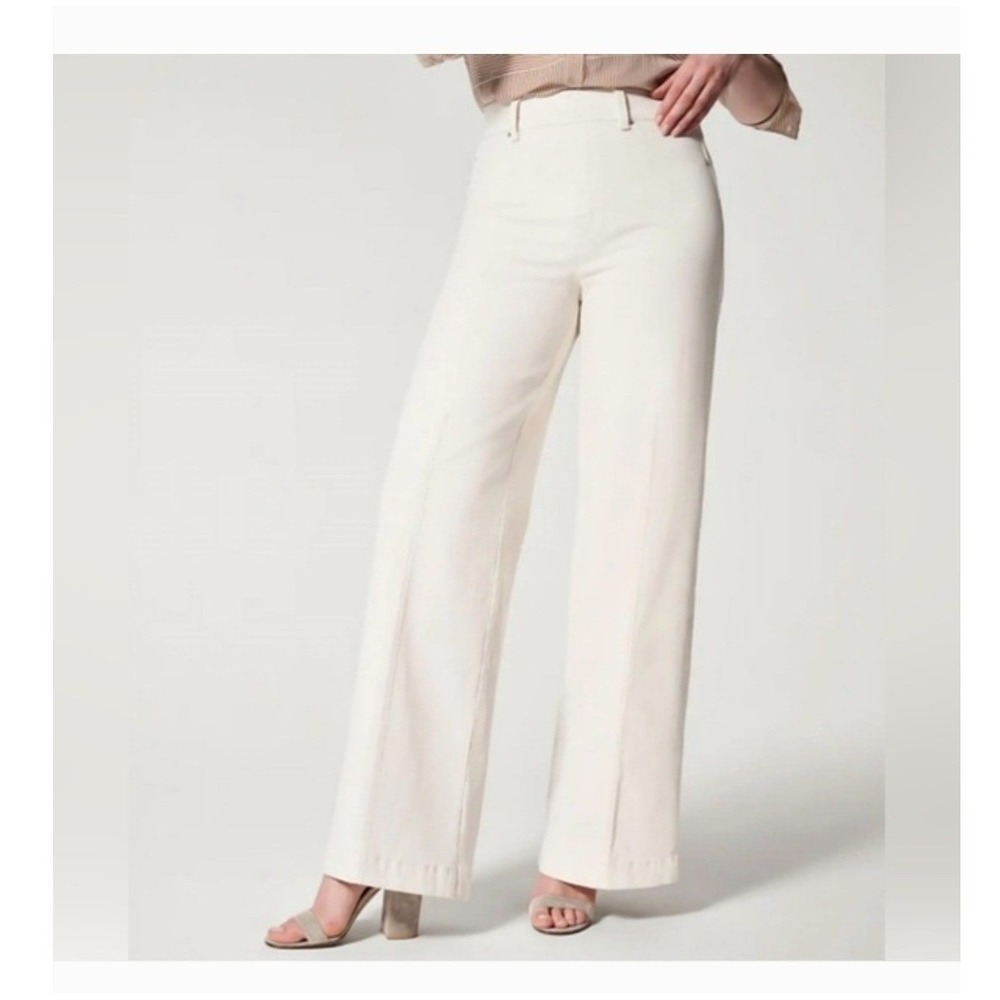 Spanx Womens Wide Leg Jean Ecru Cream High Rise Pull On Stretch Denim Size Small